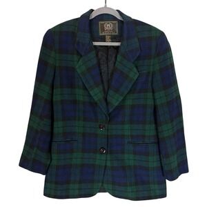 Vintage Express Blazer Womens Small Green Plaid Wool Blend Lined Jacket USA Made